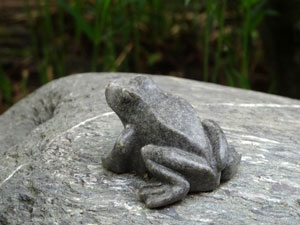 Photo showing a tiny polished granite frog, perched on boulder stone